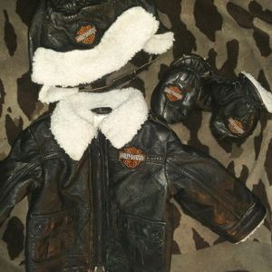 Harley Davidson coat, mittens, and hat